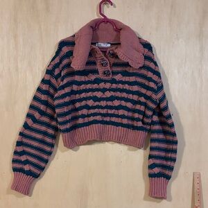 Zara Crop Pink and blue/green Striped Cowl 1/4 button Neck Sweater. Medium